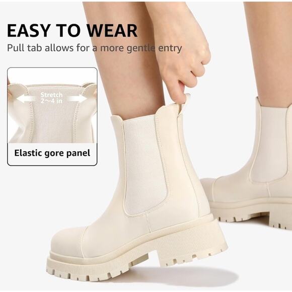 Bacia Chelsea Ankle Boots Women Lug Sole Chunky Heel Slip On Booties Beige White - Picture 5 of 7